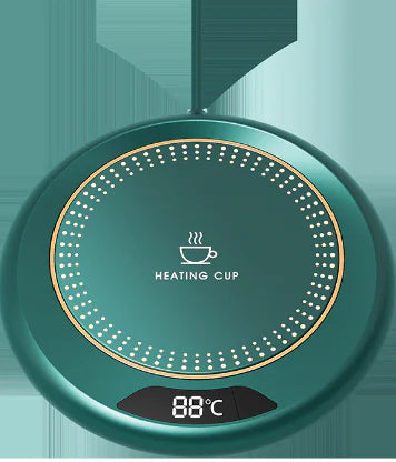 Teal mug warmer with USB plug, automatic shutoff, push button control and digital temperature control display on a light teal background